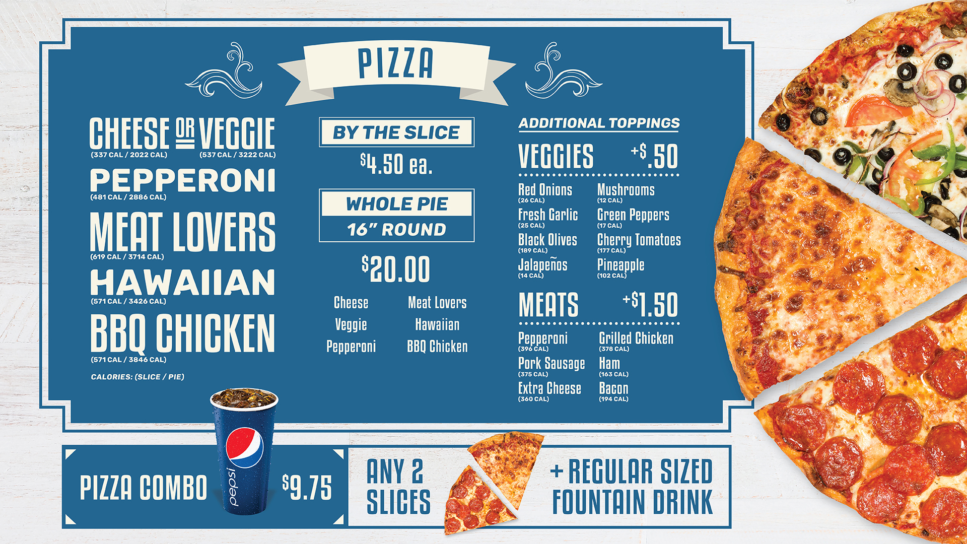Sixteen inch round pizza - $20.00.
