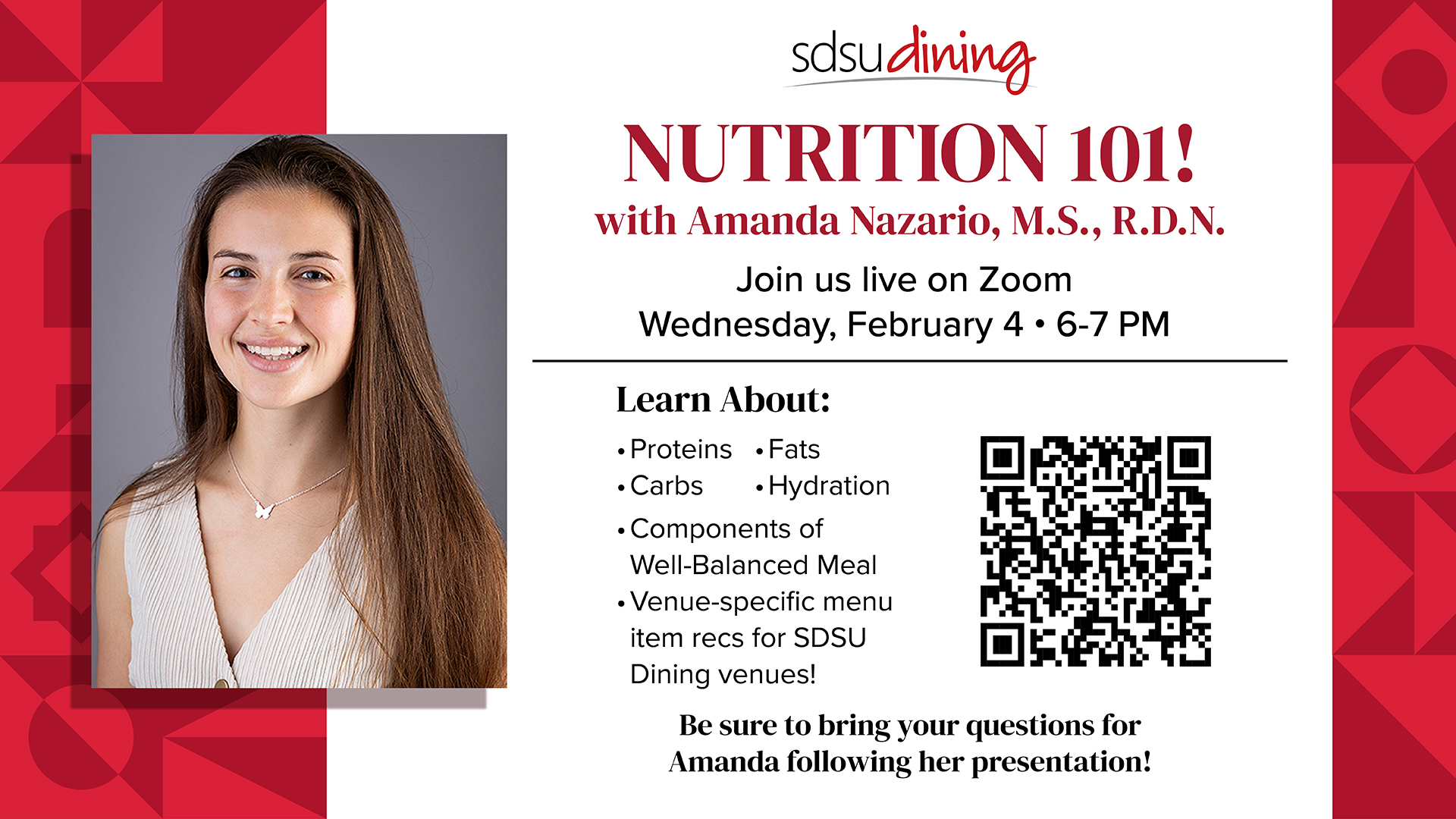 Nutrition 101! with Amanda Nazario, M.S., R.D.N. Join us live on Zoom Wednesday, February 4 | 6-7 PM