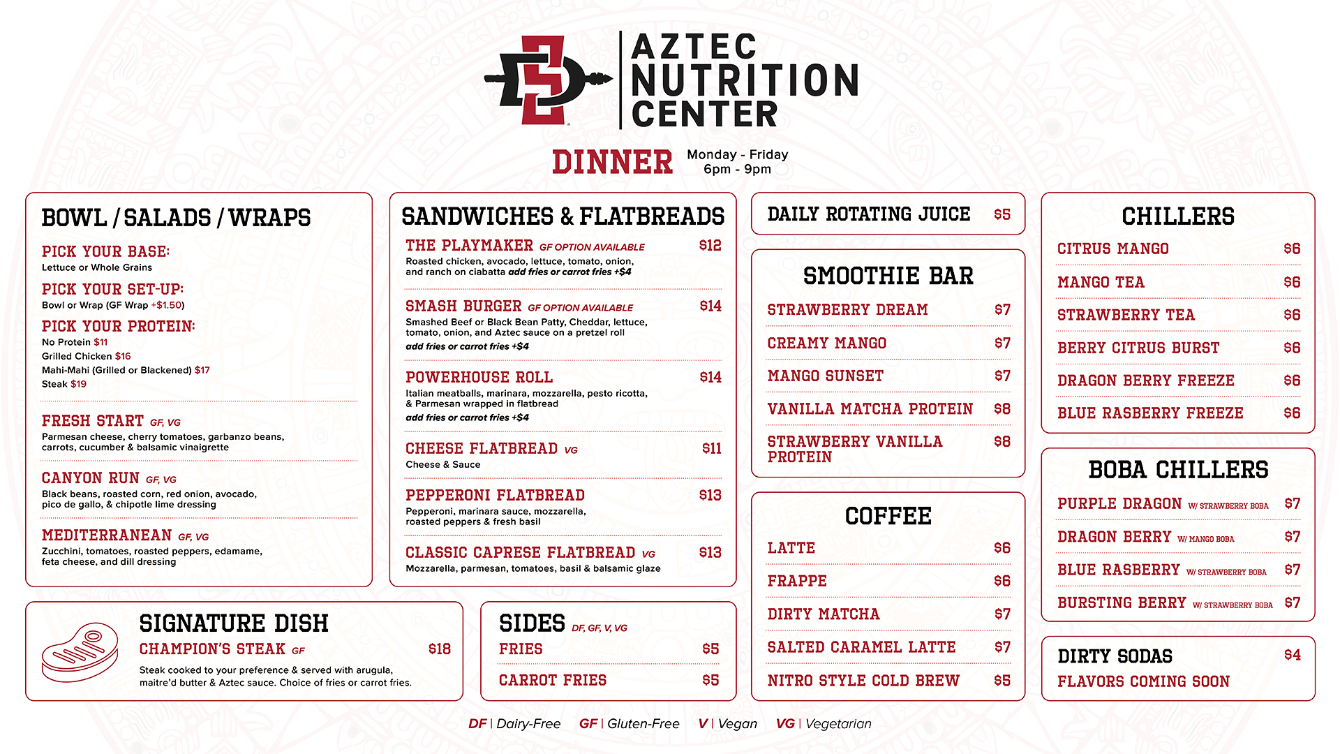 Aztec Nutrition Center Lunch / Dinner Menu