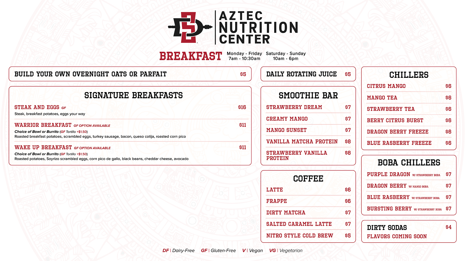 Aztec Nutrition Center Breakfast Menu