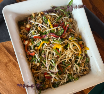 Udon Noodle Salad made with habaneros, Thai basil, & bok choy from Campus Grown
